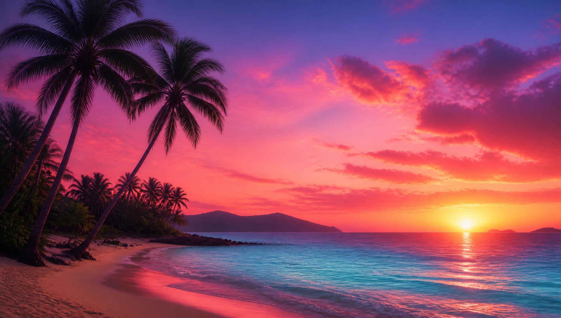Tropical sunset shoreline used as the Dialogue AI backdrop